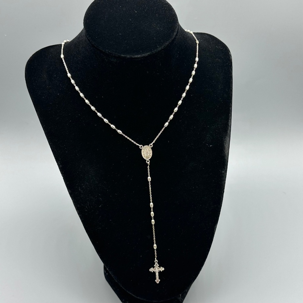 Vintage Dyadema Italy 925 Sterling Silver Rosary Beads Necklace Mary Medal Cross